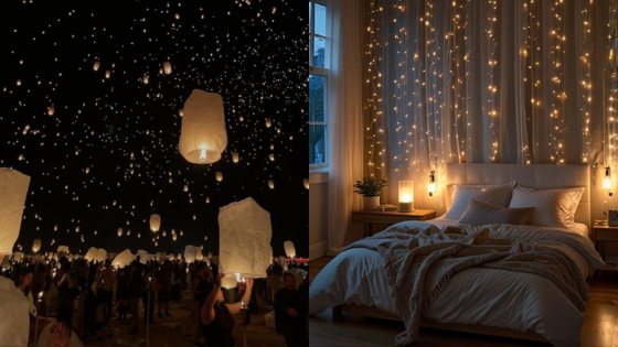 Lantern festival night sky and cozy bedroom with string lights create a serene atmosphere.