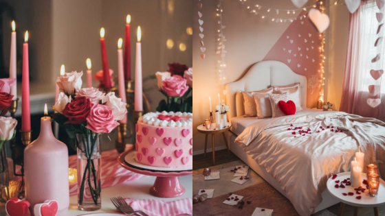 Romantic decor with pink rose bouquet, heart cake, and candles beside a cozy, heart-themed bedroom setting.