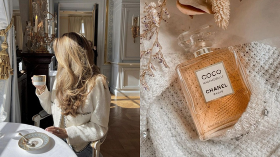 Woman drinking coffee in elegant interior and Chanel Coco Mademoiselle perfume on cozy knit fabric.