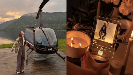 Woman by a lakefront helicopter and a cozy candle-lit scene with a photo display.