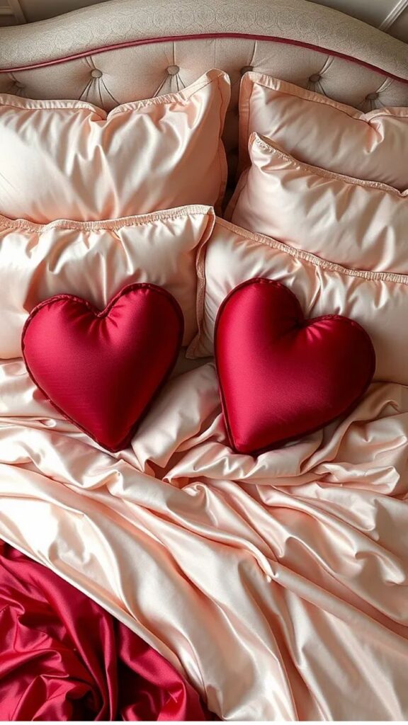 Two red heart-shaped pillows on a luxurious satin bed, creating a cozy romantic atmosphere.