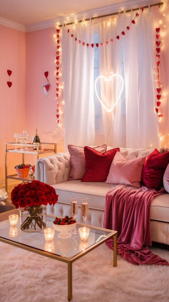 Romantic living room with heart decor, candles, roses, and champagne, perfect for a cozy Valentine's Day celebration.