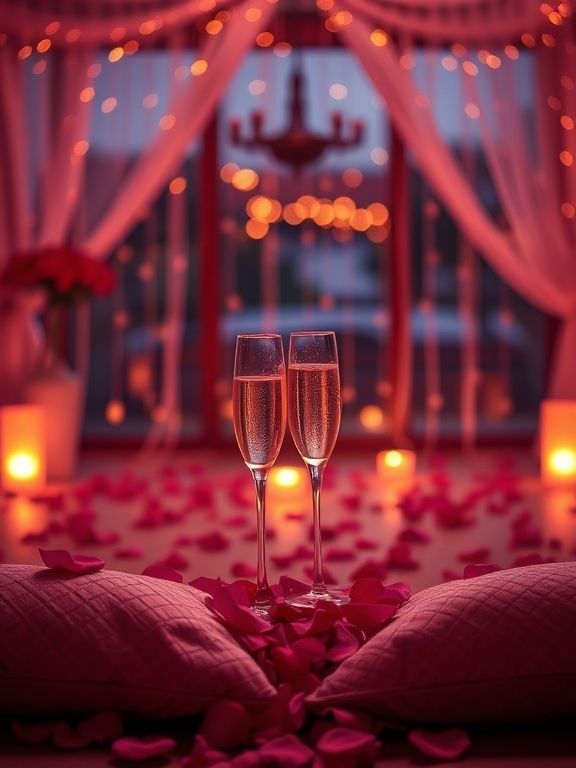 Romantic setting with champagne glasses, rose petals, and candles in dim, intimate lighting. Perfect for a romantic evening.