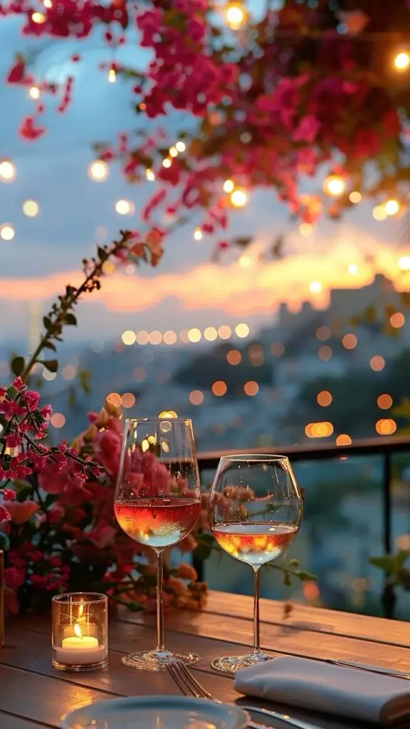 Romantic sunset dinner setup with wine glasses, candles, and pink flowers overlooking scenic views.