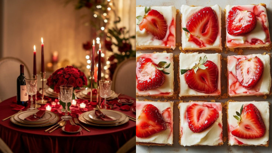 Elegant romantic dinner setup with red roses and candles, and strawberry-topped cheesecake bars on a tray.