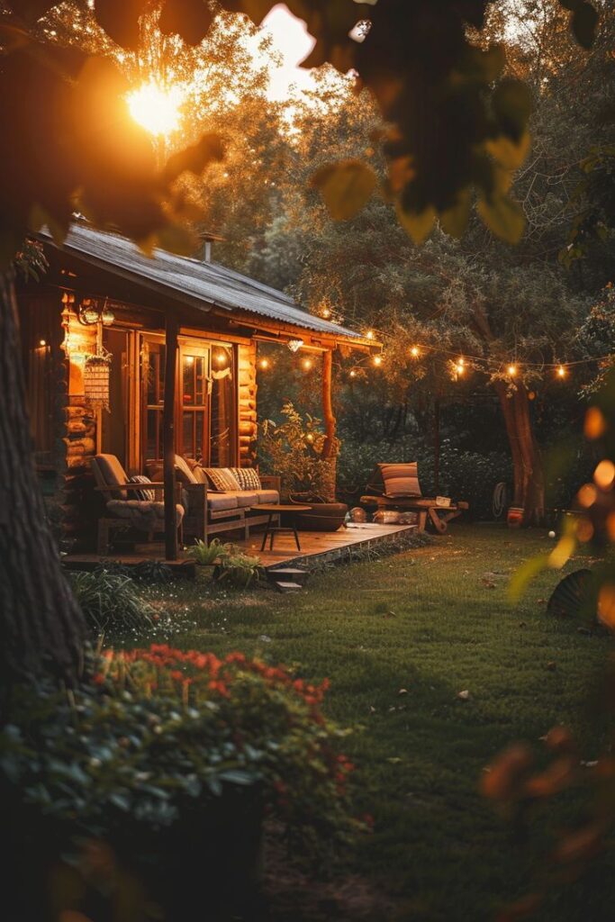 Cozy rustic cabin with string lights at sunset, surrounded by lush greenery. Perfect peaceful retreat setting.