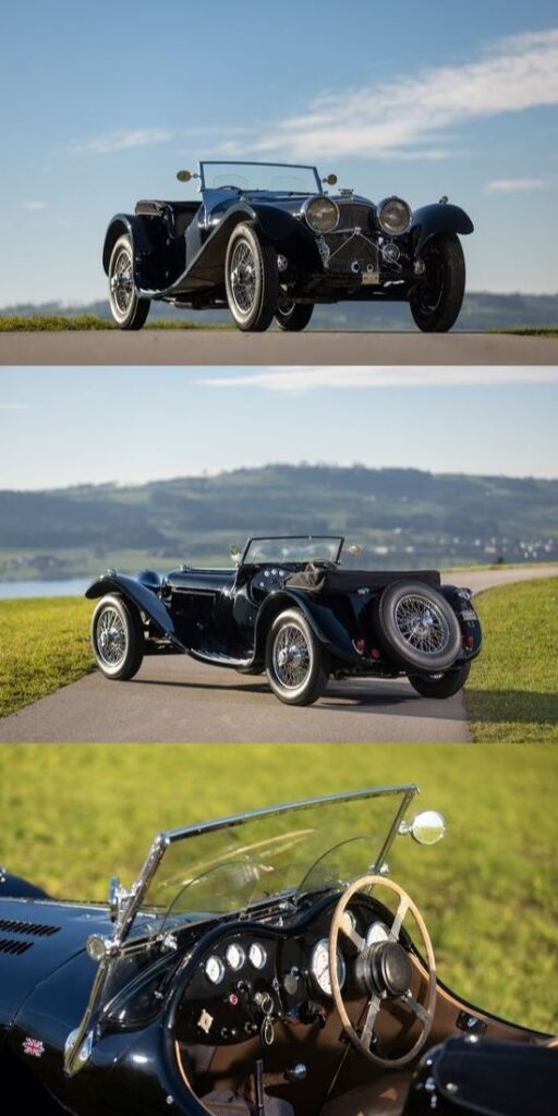 Vintage black convertible car showcasing elegant design and classic dashboard, set against a scenic backdrop.