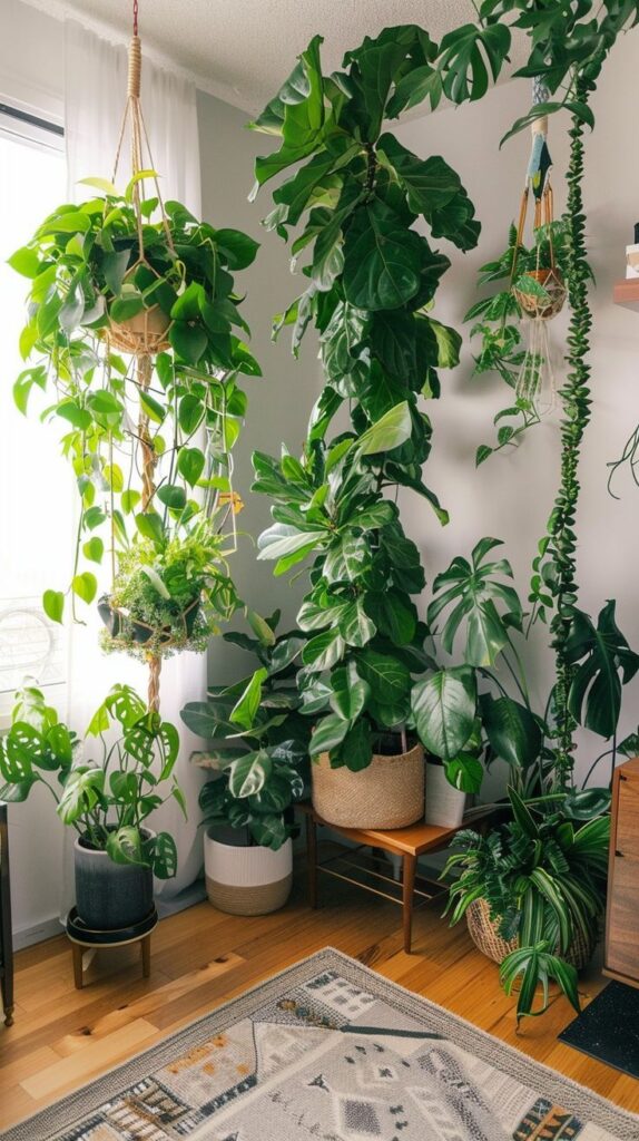 Indoor room with diverse potted houseplants and hanging planters, creating a lush, green urban jungle atmosphere.