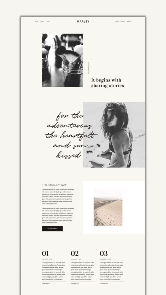 Minimalistic web design featuring a woman at the beach, desert landscape, and makeup brushes in a stylish layout.