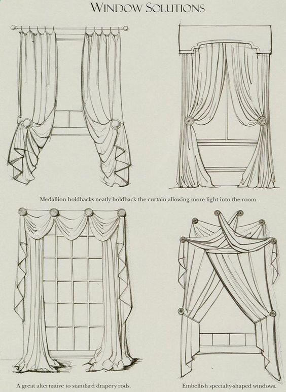 Illustration of four curtain designs for window solutions, featuring medallion holdbacks and drapery rods.