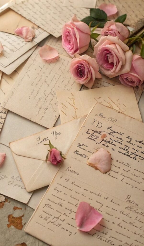 Vintage letters and pink roses with petals, creating a romantic, nostalgic atmosphere.