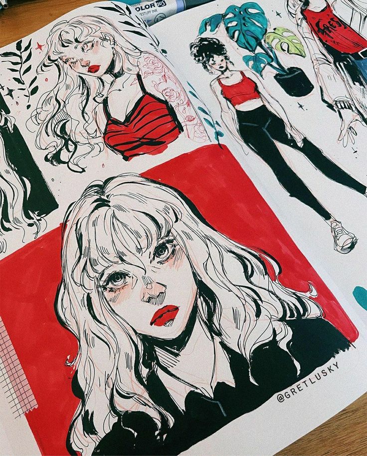 Artistic sketch of fashionable women in red and black outfits, featuring detailed ink illustrations and vibrant colors.