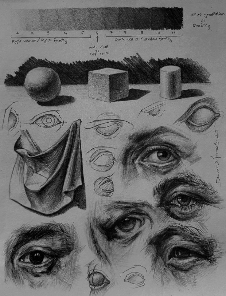 Pencil sketches showing shading techniques with geometric shapes, drapery, and detailed studies of human eyes.