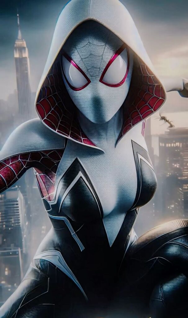 Female superhero in a white hooded suit perched over a cityscape, with a focus on her masked face and dynamic pose.