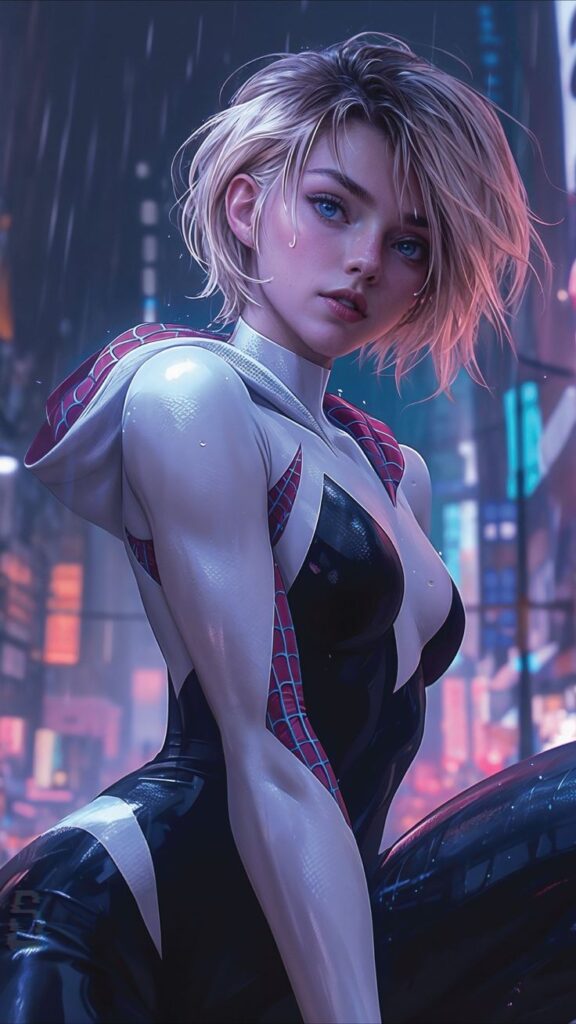 Futuristic superheroine in sleek costume standing in a neon-lit cityscape, short blonde hair, rain in the background.