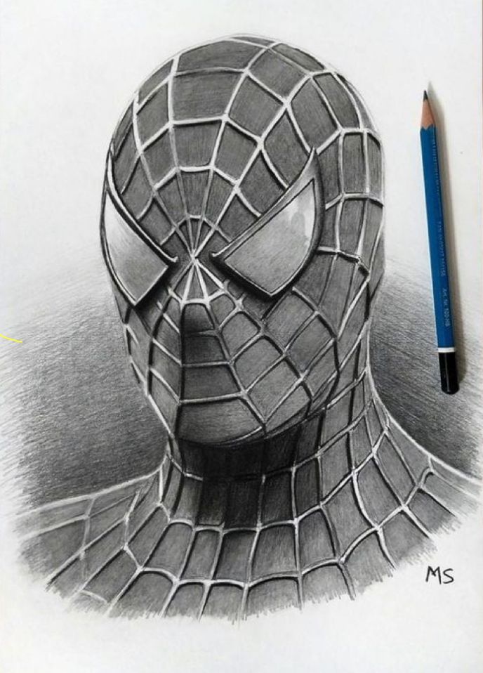 Pencil drawing of a spider-themed superhero mask with a realistic texture and shading, pencil on the side.