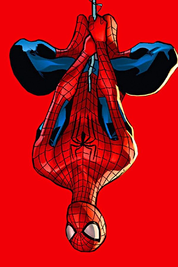 Comic character hanging upside down on web against bright red background.