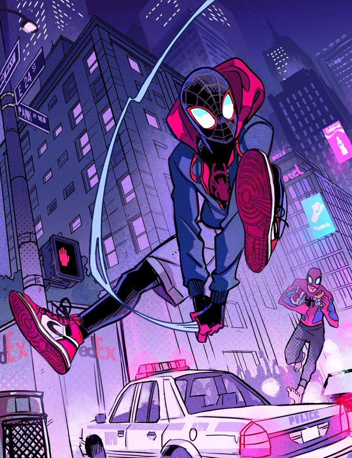 Comic-style superhero swings between skyscrapers in a city at night, with bright neon lights and a police car below.