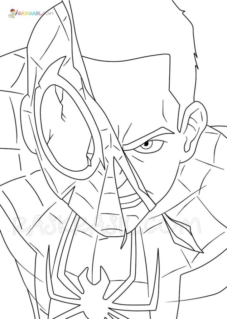 Comic-style superhero with half mask, intense gaze, and spider symbol on chest in black and white line art.