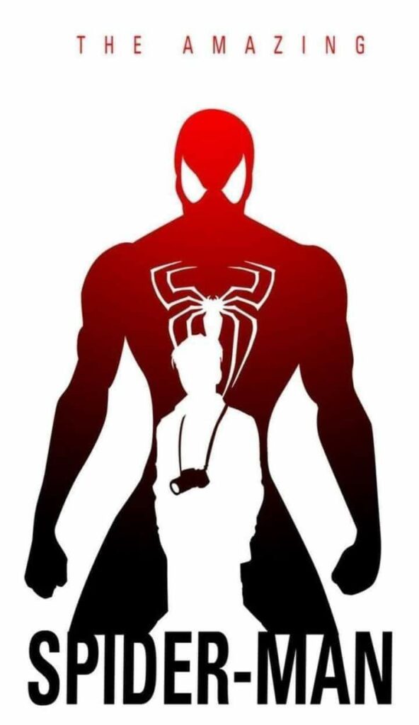 Silhouette of Spider-Man with Peter Parker in the foreground, featuring a bold spider emblem and the text The Amazing Spider-Man.