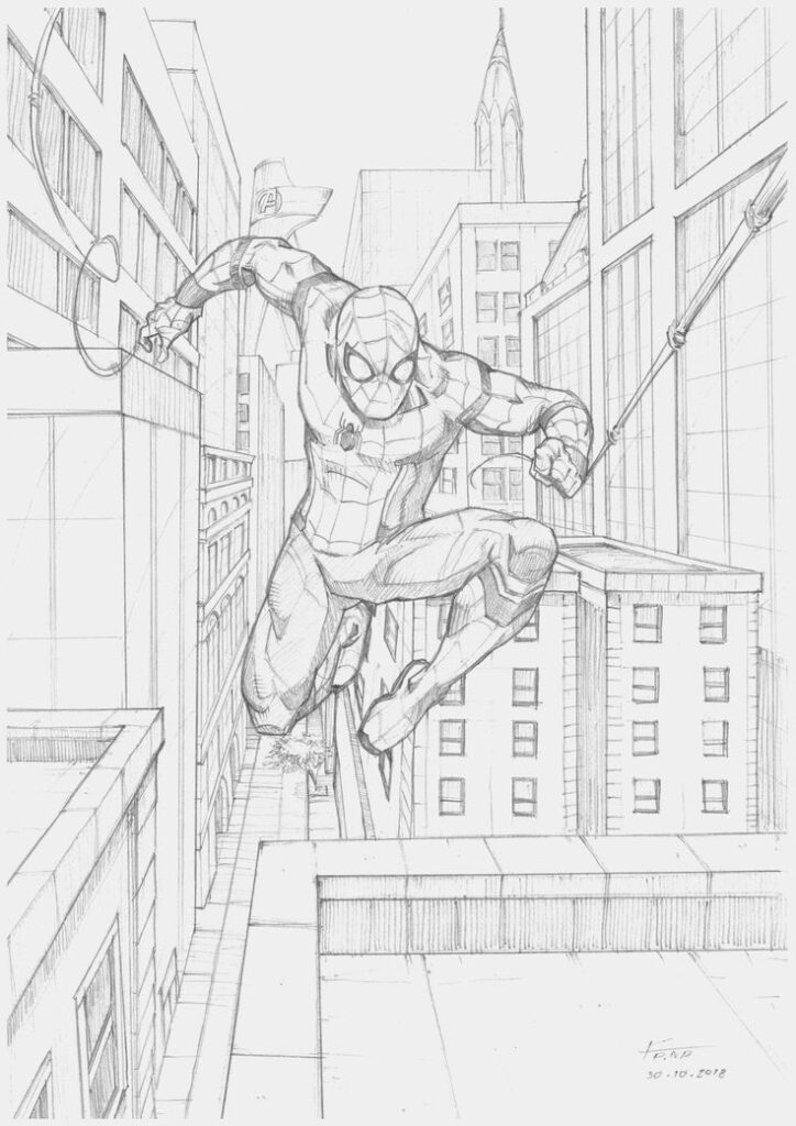 Sketch of a superhero swinging through city buildings, showcasing dynamic movement and urban scenery.