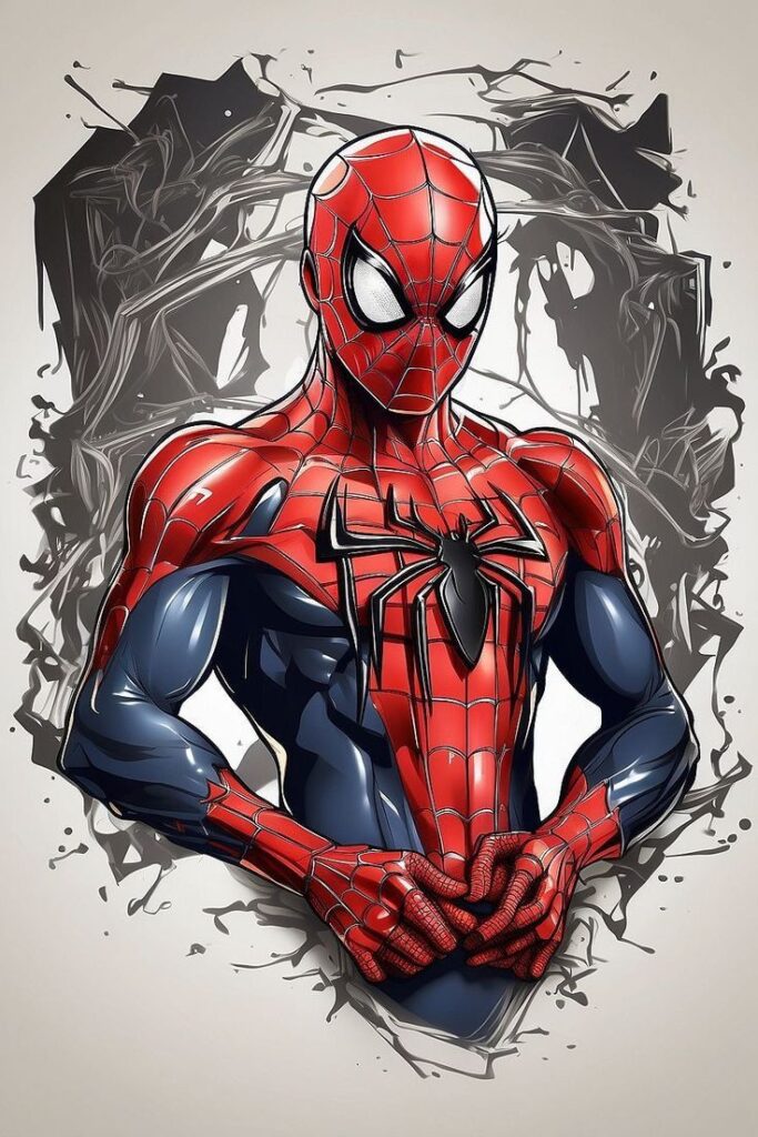 Comic-style illustration of a superhero in red and blue costume with spider emblem, standing with arms crossed.