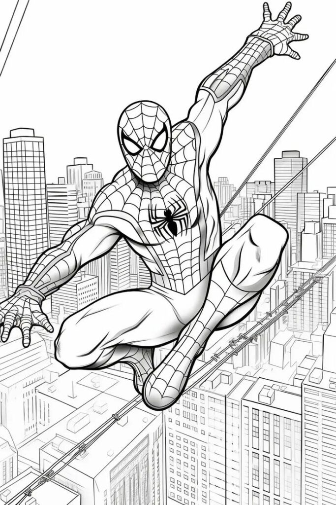 Comic superhero swings through city skyline in dynamic black and white illustration.