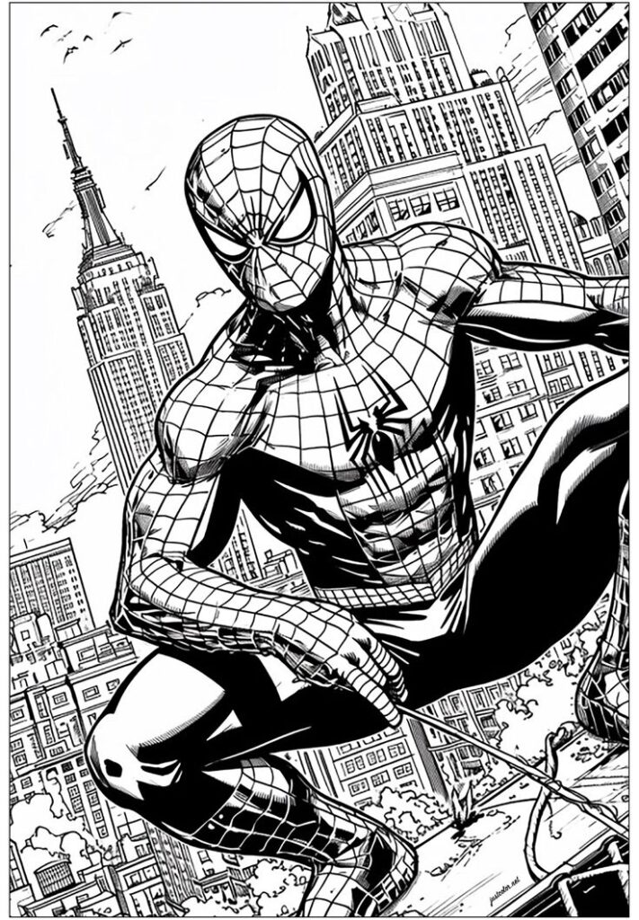 Comic-style superhero crouching on a rooftop, overlooking city skyscrapers in black and white illustration.