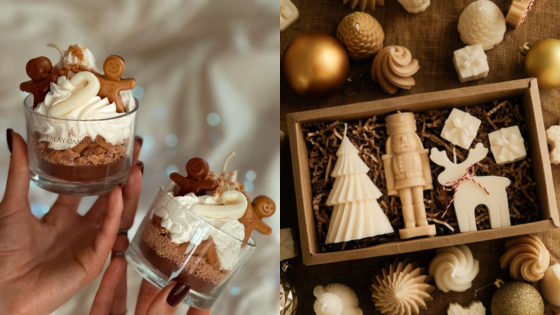 Festive desserts and holiday-themed chocolate set with gingerbread cookies and decorative items in a warm setting.