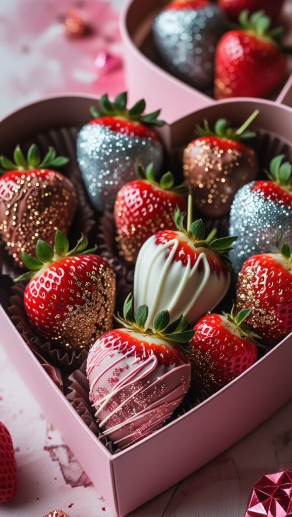 Heart-shaped box of gourmet strawberries covered in chocolate and glitter, perfect for a sweet gift.