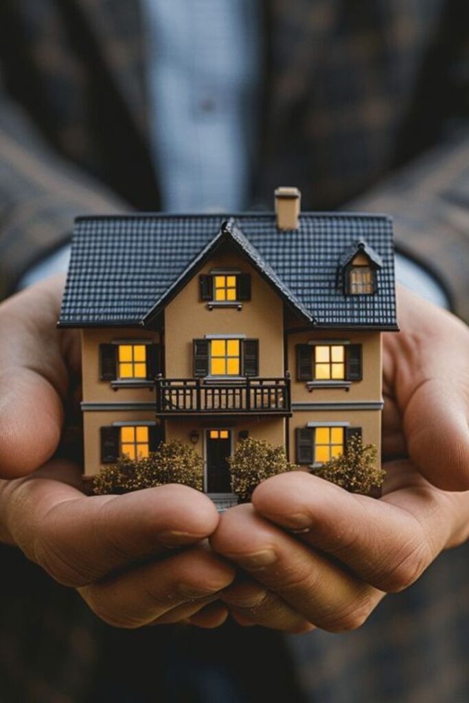 Hands holding a miniature house with lit windows, symbolizing home security and real estate investment.