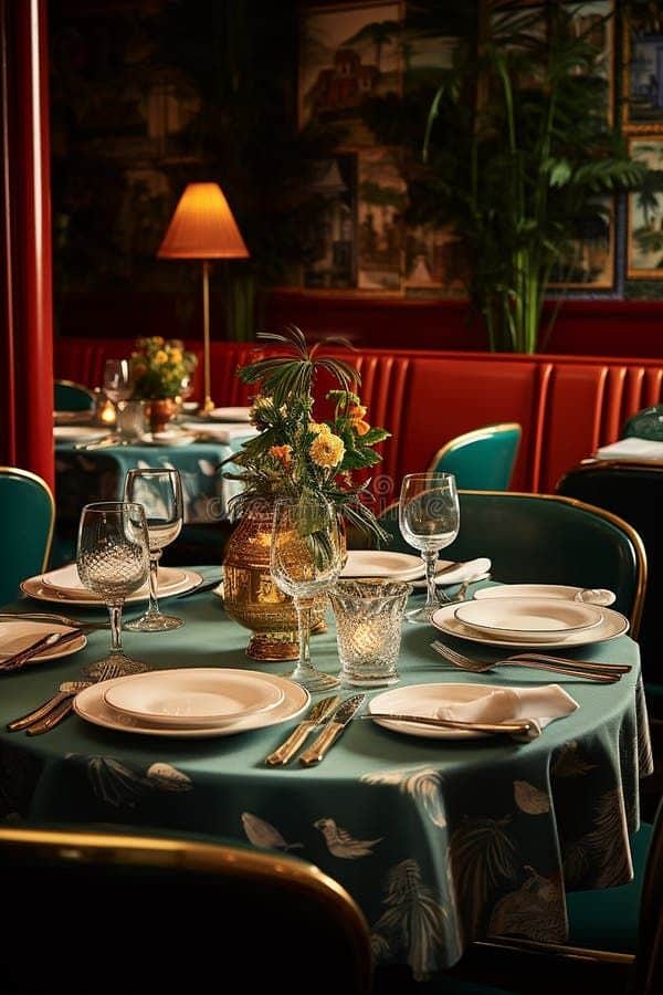 Elegant restaurant table setting with floral centerpiece, glassware, and plates on a teal tablecloth under warm lighting.