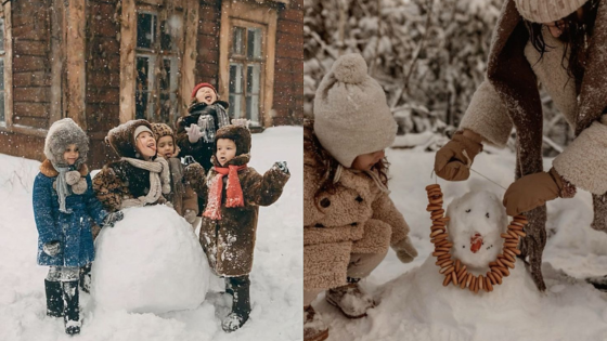 Children building snowmen in winter, wearing cozy outfits, outside a wooden house and snowy forest.