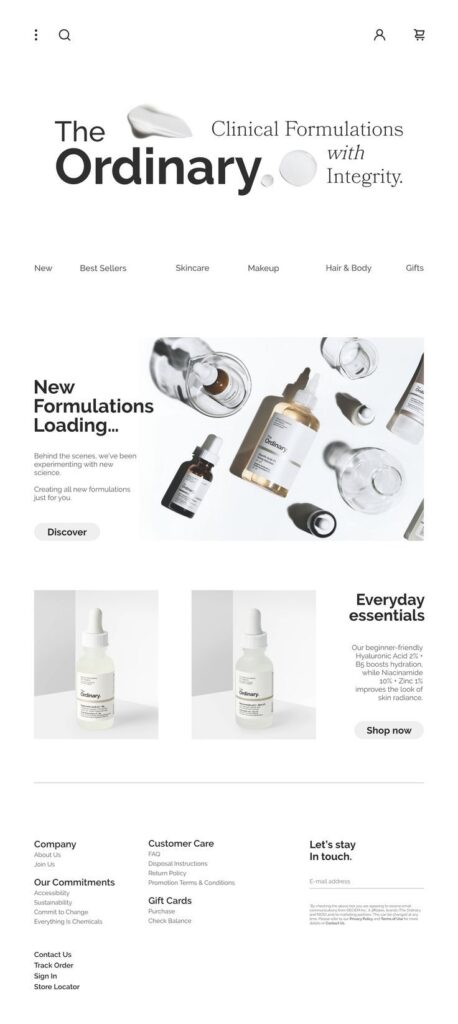 The Ordinary skincare products displayed with text New Formulations Loading and Everyday Essentials.