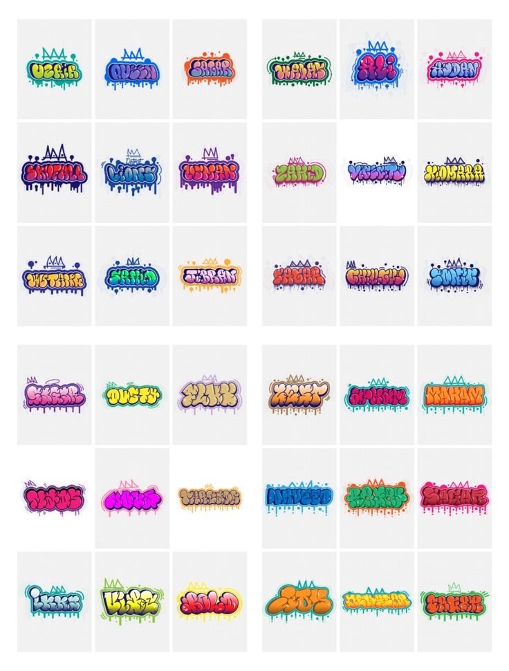 Colorful graffiti-style words on a white background, showcasing unique designs in various vibrant colors.