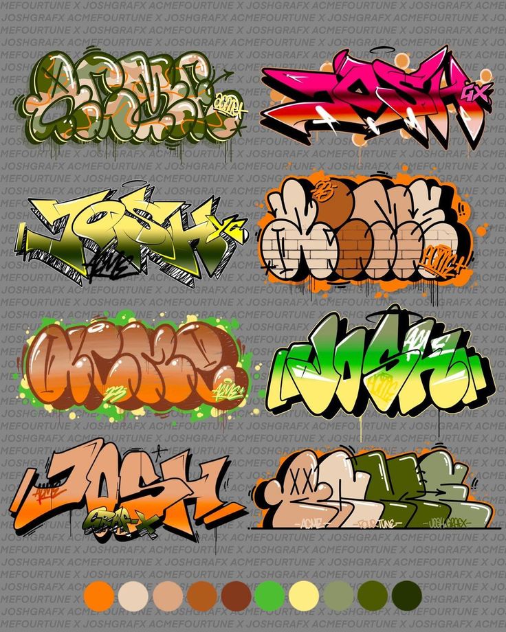 Bold and colorful graffiti art with various words and styles on a gray backdrop. Urban street style creativity.