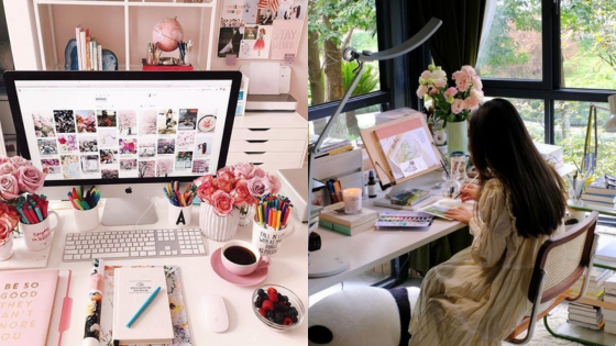 Cozy home office setup with floral decor, computer, and a person working by a window with natural light.