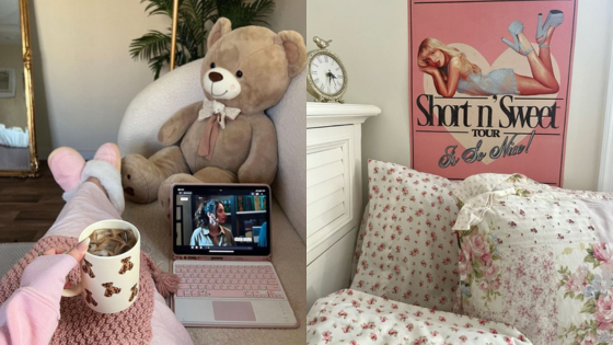 Cozy room with a teddy bear, pink laptop, floral bedding, and vintage poster, creating a warm and relaxing atmosphere.