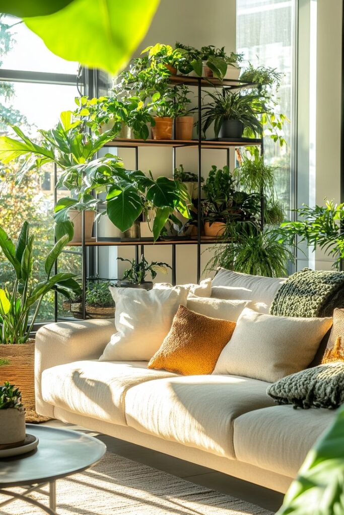 Modern living room with cozy sofa and green plants by sunlit window.