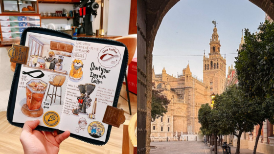 Hand holding coffee-themed journal page; tall historic cathedral with clocktower and trees under blue sky.