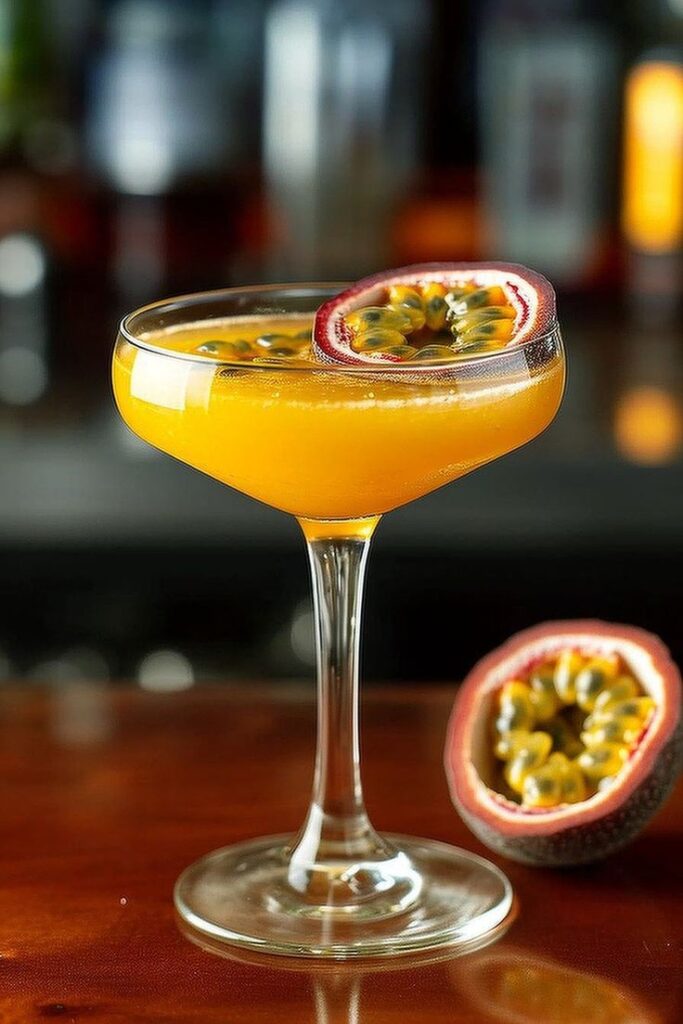 Tropical passion fruit cocktail in elegant glass on wooden bar top, garnished with fresh passion fruit.