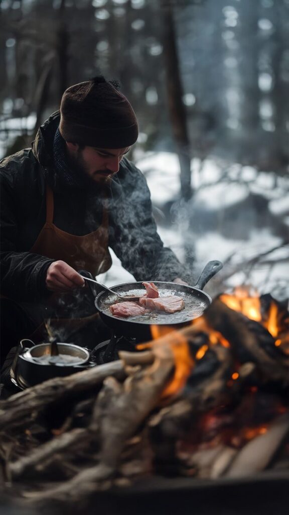 Man cooking meat over campfire in snowy forest setting, enjoying outdoor winter adventure.