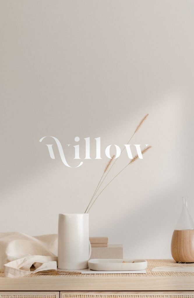 Minimalist decor with a tall ceramic vase, dried pampas grass, and neutral tones. Text: Willow in stylized font.