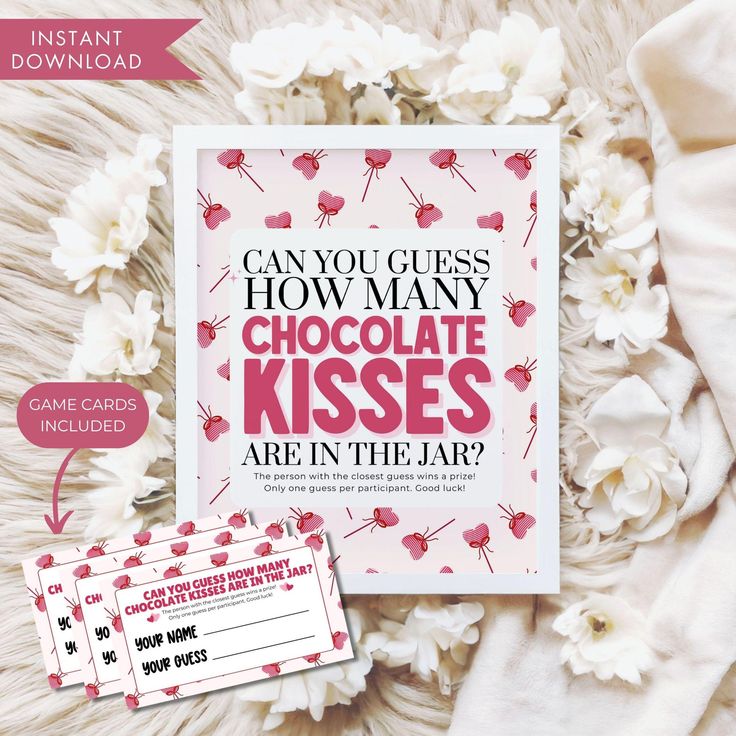 Guess the chocolate kisses game card template with floral decor, ideal for parties. Instant download available.