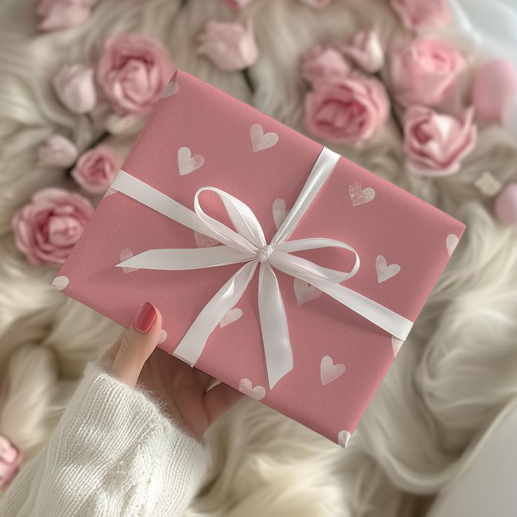 Pink gift box with white heart pattern and ribbon, held in hand with pink roses in the background. Perfect for Valentine's Day.