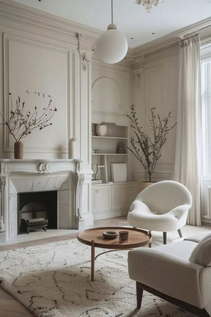 Elegant living room with white decor, modern furniture, wooden coffee table, and fireplace for a cozy ambiance.