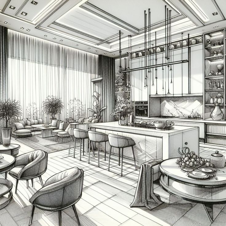 Detailed architectural sketch of a modern kitchen and living area with elegant furniture and abundant natural light.