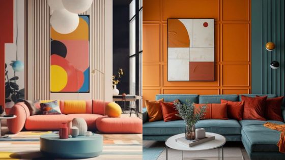 Modern living room with vibrant orange and teal decor, featuring abstract art and colorful furniture.