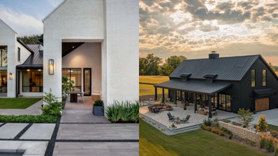 Modern farmhouse architecture with sleek design elements and cozy outdoor spaces at sunset.