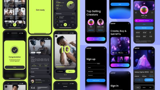 Mobile app interface showcasing social media, fitness, and NFT features with vibrant colors and modern design elements.